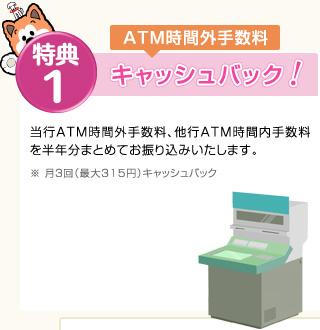 特典１：ATM時間外手数料キャッシュバック！
