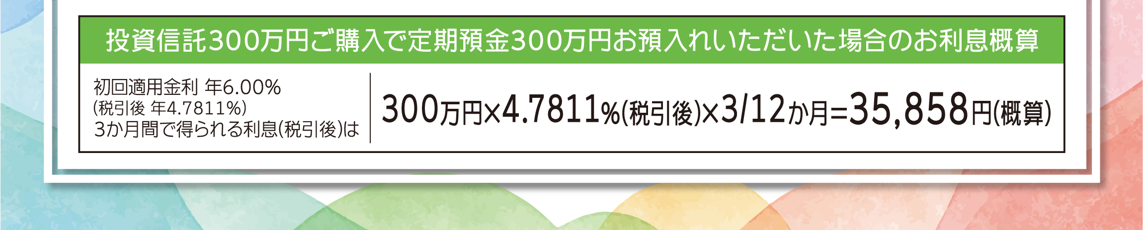 投資信託300万円ご購入で定期預金300万円お預入れいただいた場合のお利息概算
